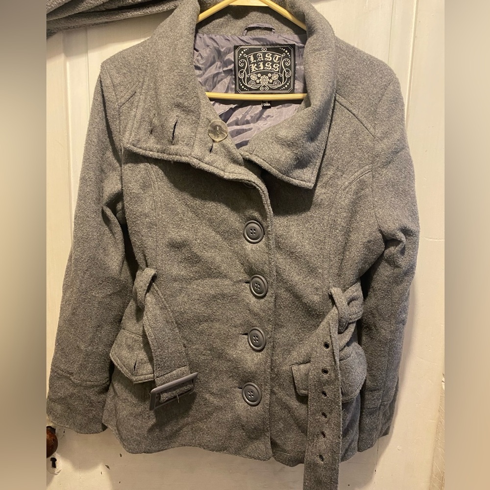 Grey button up coat with belt